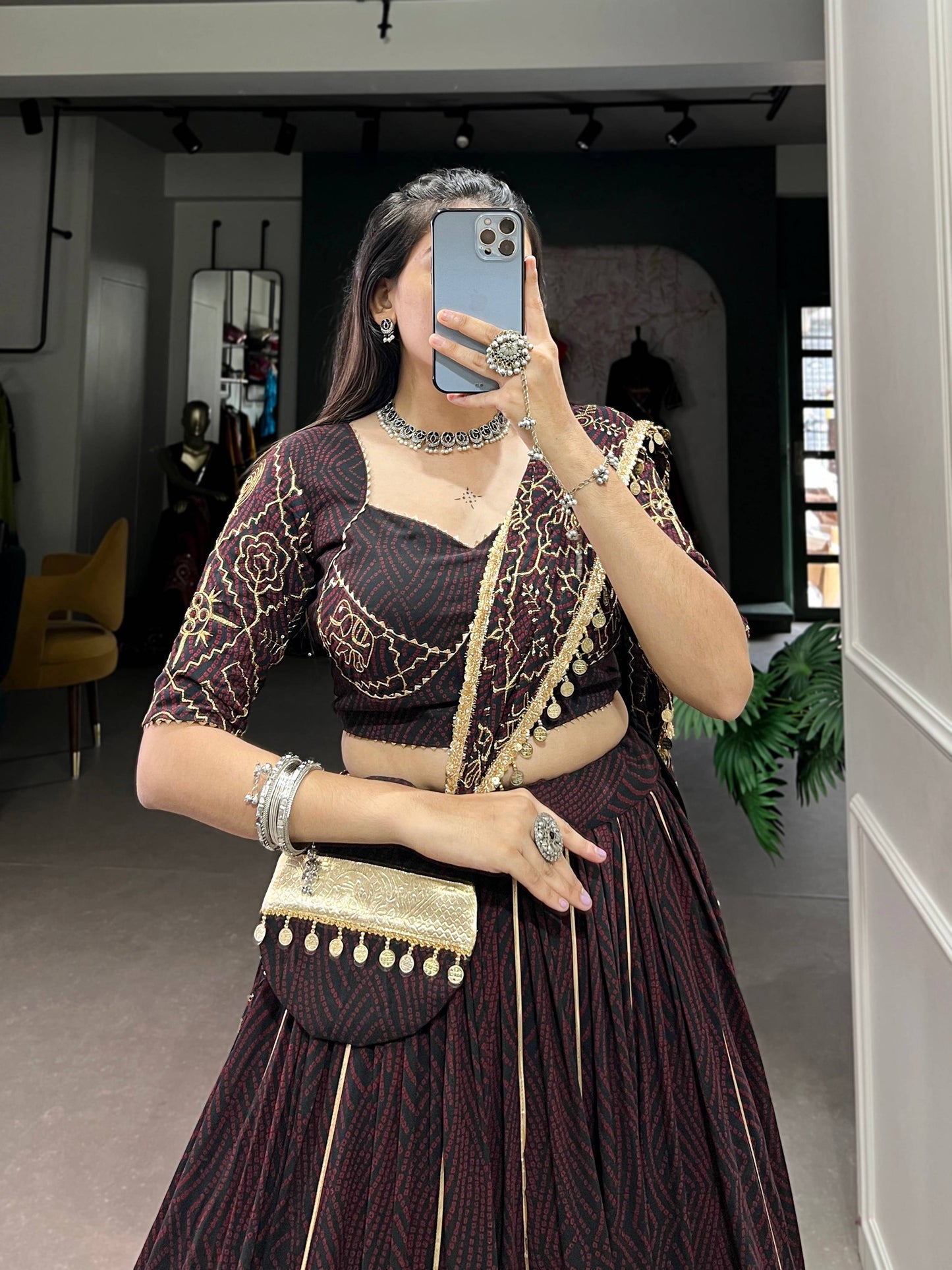 Lorenvalley Fashion Black and Maroon Georgette Bandhej Print And Embossed Design Lace With Paper Mirror Lace And Gota Patti Touch Up Lehenga Choli with Dupatta | Swadesiicart