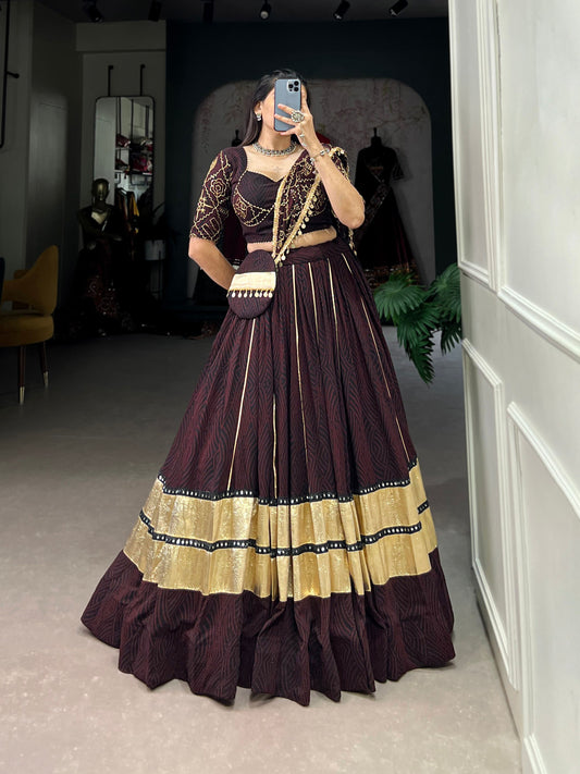 Lorenvalley Fashion Black and Maroon Georgette Bandhej Print And Embossed Design Lace With Paper Mirror Lace And Gota Patti Touch Up Lehenga Choli with Dupatta | Swadesiicart