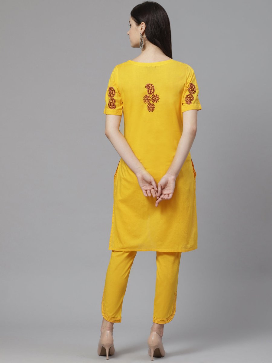 ADA Women Yellow & Maroon Paisley Chikankari Embroidered Sustainable Handloom Kurta with Trousers | Swadesiicart