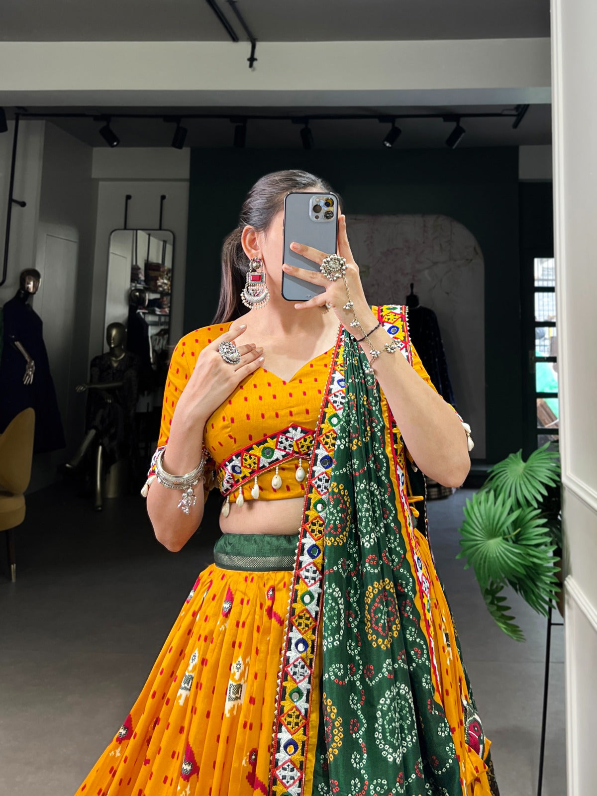 Lorenvalley Mustard Tussar Silk Patola Print with Gamthi Work Lace and Foil Work Lehenga Choli with Dupatta | Swadesiicart