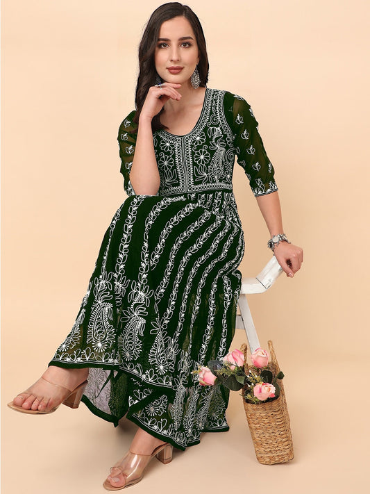 HERE&NOW Chikankari Embroidered Thread Work Georgette Anarkali Kurta | Swadesiicart