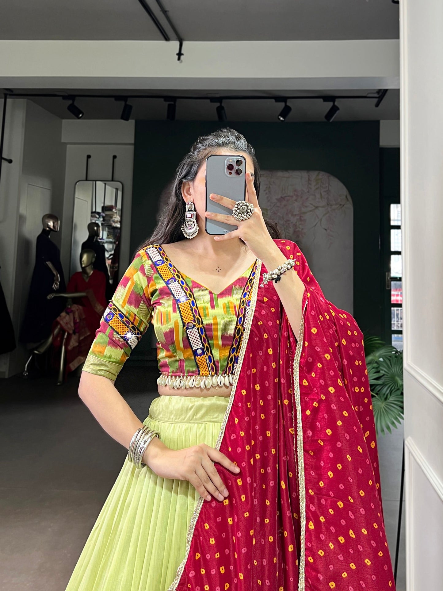 Lorenvalley Fashion Parotgreen Tasar Silk Print with Foil Work and Real Mirror Gamthi Work with Lace Touch Up Lehenga Choli with Dupatta - Swadesiicart
