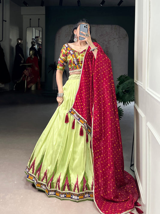 Lorenvalley Fashion Parotgreen Tasar Silk Print with Foil Work and Real Mirror Gamthi Work with Lace Touch Up Lehenga Choli with Dupatta - Swadesiicart