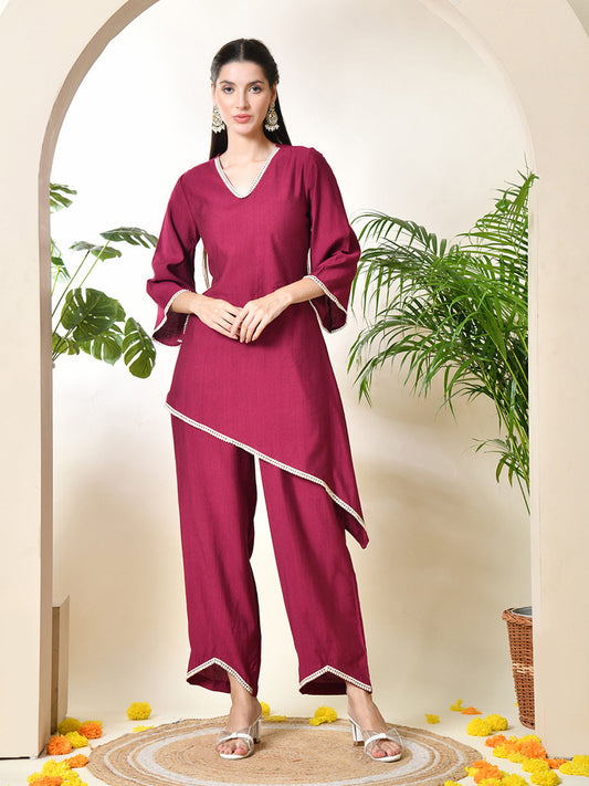 Myshka Women's Wine colour Co-ord set with Lace - Swadesiicart