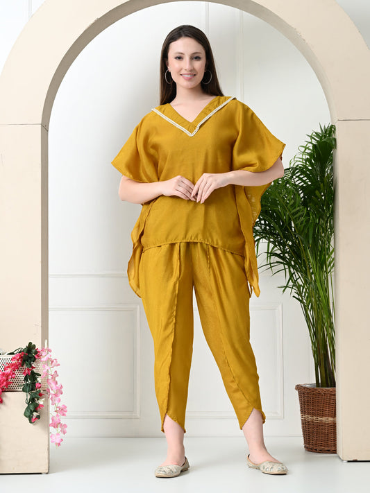 Myshka Women's Yellow colour Co-ord set with Lace - Swadesiicart
