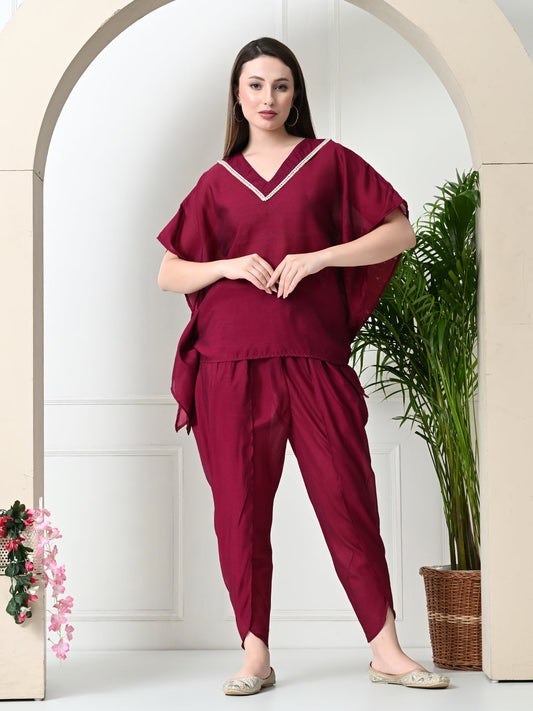 Myshka Women's Wine colour Co-ord set with Lace - Swadesiicart