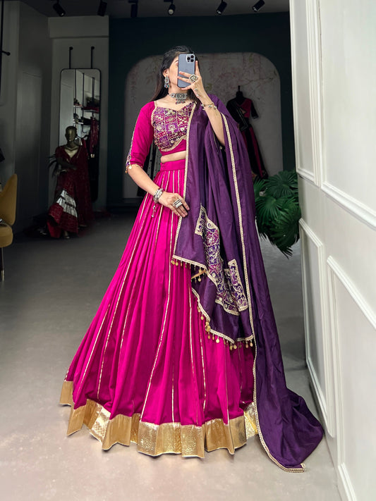Lorenvalley Pink Chanderi Plain With Zari Line Gota Patti And Embossed Design Lace Touch Up Lehenga Choli with Dupatta | Swadesiicart