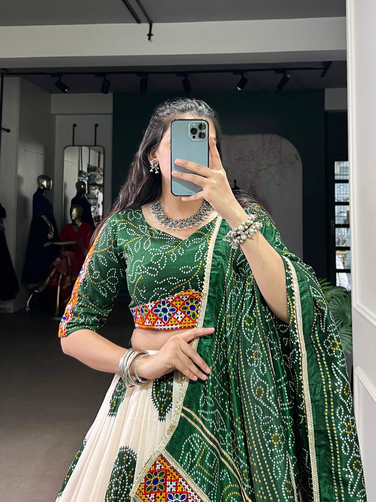 Lorenvalley Fashion Offwhite Tasar Silk Bandhej Print and Gamthi Work with Lace Touch Up Lehenga Choli with Dupatta | Swadesiicart