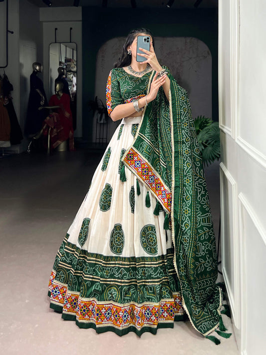 Lorenvalley Fashion Offwhite Tasar Silk Bandhej Print and Gamthi Work with Lace Touch Up Lehenga Choli with Dupatta | Swadesiicart