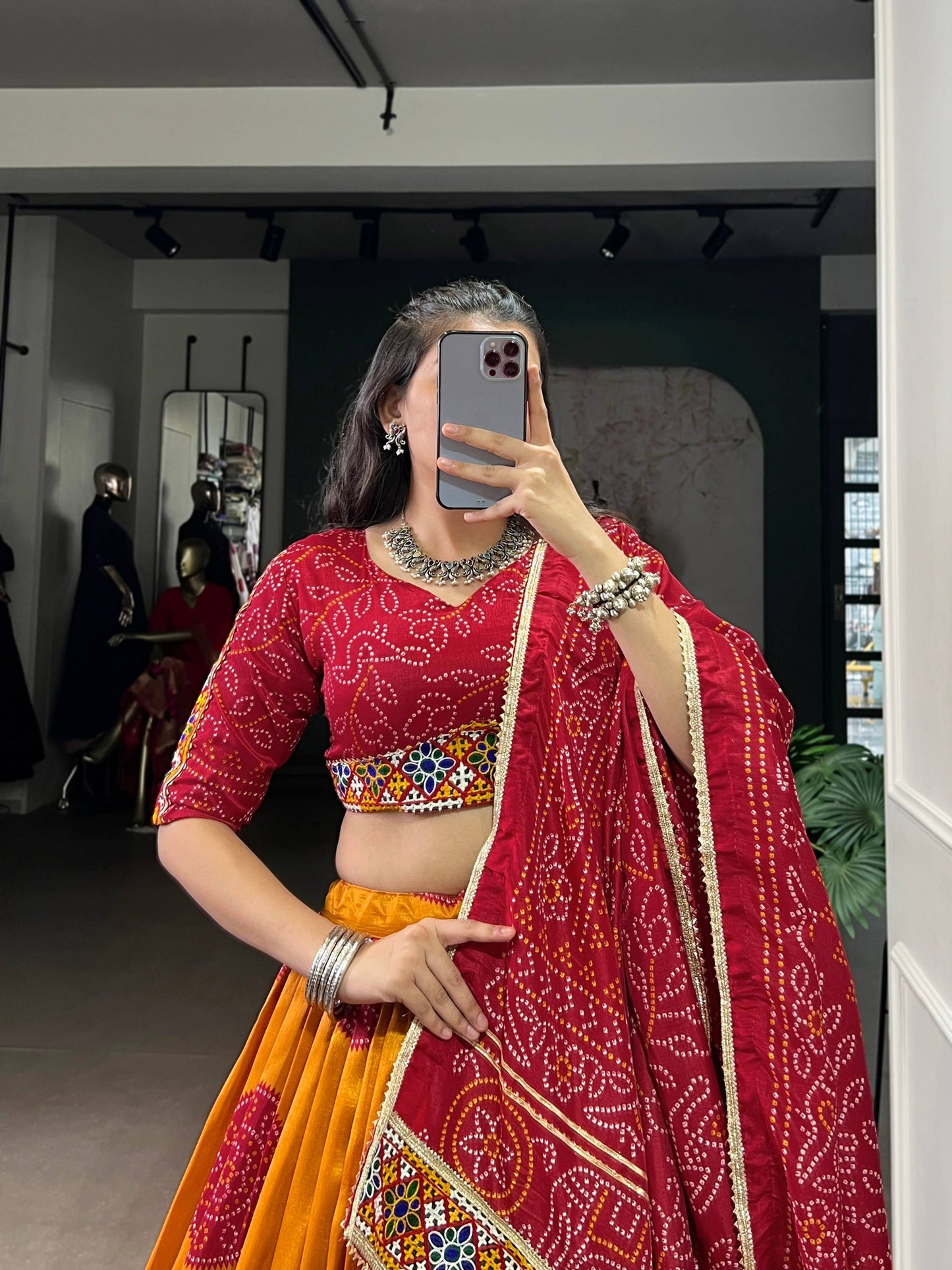 Lorenvalley Fashion Mustard Tasar Silk Bandhej Print and Gamthi Work with Lace Touch Up Lehenga Choli with Dupatta | Swadesiicart