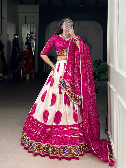 Lorenvalley Fashion Offwhite Tasar Silk Bandhej Print and Gamthi Work with Lace Touch Up Lehenga Choli with Dupatta | Swadesiicart