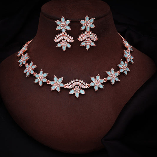 Tehzeeb Creations Sky Blue Colour Star Design Stone Studded Necklace With Earrings - Swadesiicart