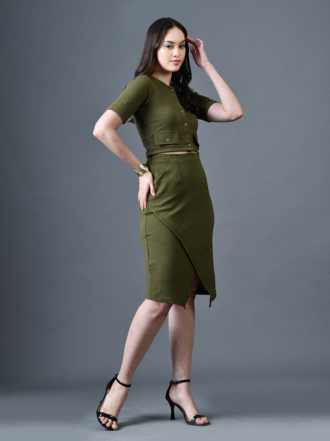 Myshka Women Olive Polyester A-Line Round Neck Solid Knee Length Short Sleeves Co-Ords - Swadesiicart