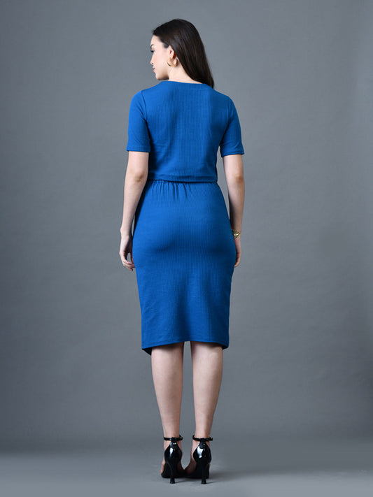 Myshka Women Blue Polyester A-Line Round Neck Solid Knee Length Short Sleeves Co-Ords - Swadesiicart