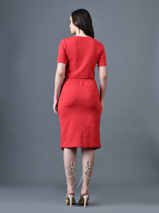 Myshka Women Red Polyester A-Line Round Neck Solid Knee Length Short Sleeves Co-Ords - Swadesiicart