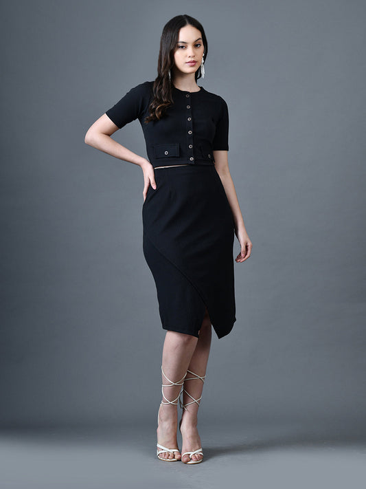 Myshka Women Black Polyester A-Line Round Neck Solid Knee Length Short Sleeves Co-Ords - Swadesiicart