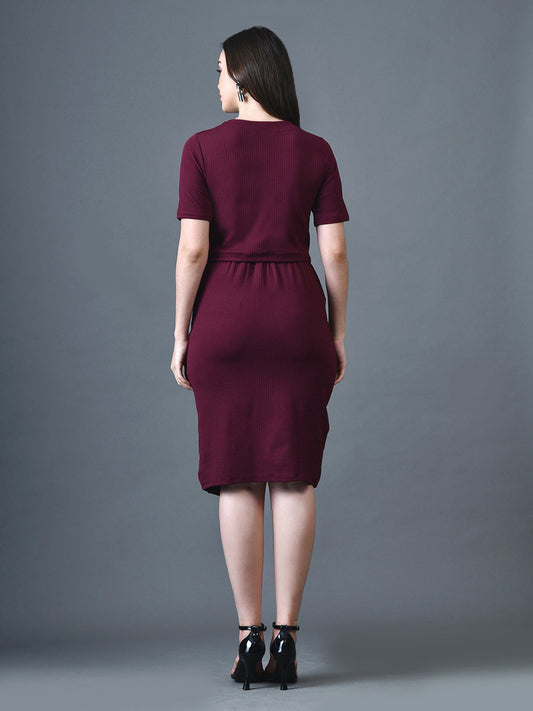 Myshka Women Magenta Polyester A-Line Round Neck Solid Knee Length Short Sleeves Co-Ords - Swadesiicart
