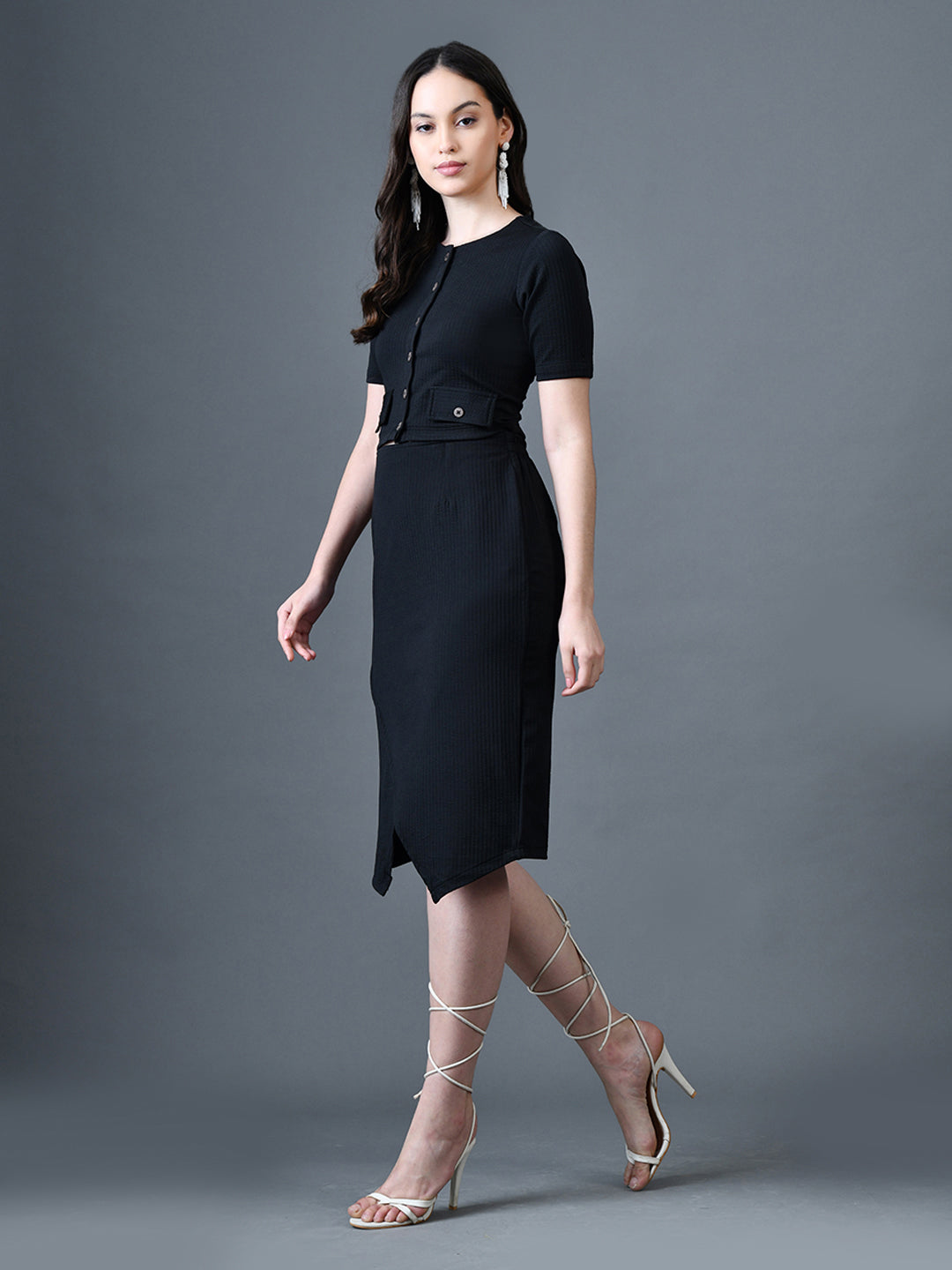 Myshka Women Black Polyester A-Line Round Neck Solid Knee Length Short Sleeves Co-Ords - Swadesiicart