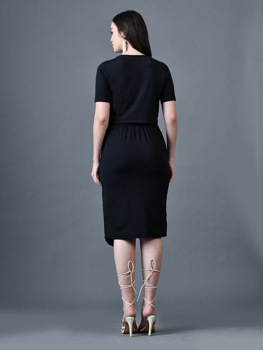 Myshka Women Black Polyester A-Line Round Neck Solid Knee Length Short Sleeves Co-Ords - Swadesiicart