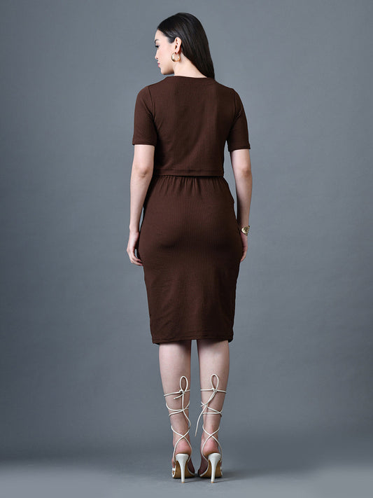 Myshka Women Brown Polyester A-Line Round Neck Solid Knee Length Short Sleeves Co-Ords - Swadesiicart