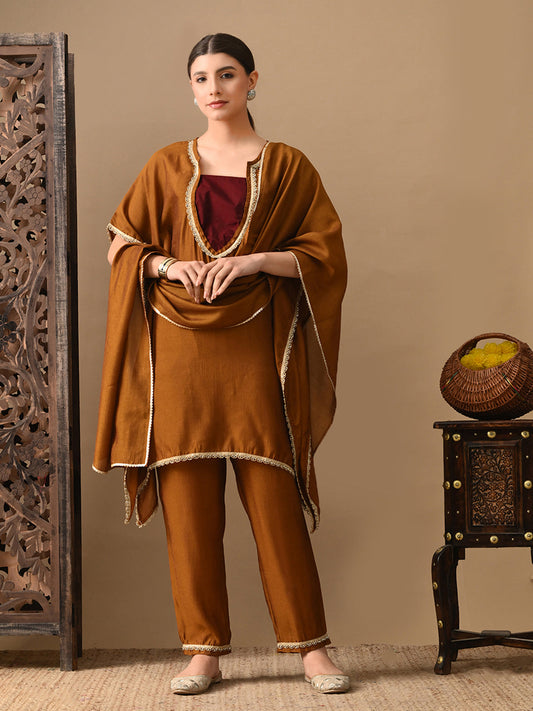 Myshka Mustard Silk Blend Kaftan Sweetheart Neck Short Sleeves Kurta Trousers With Dupatta - Swadesiicart