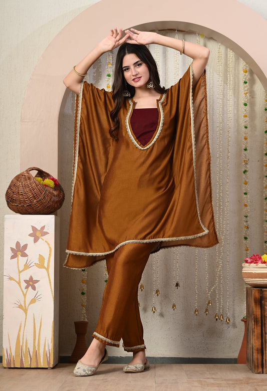 Myshka Brown Silk Blend Kaftan Round Neck Short Sleeves Kurta Trousers Set - Swadesiicart