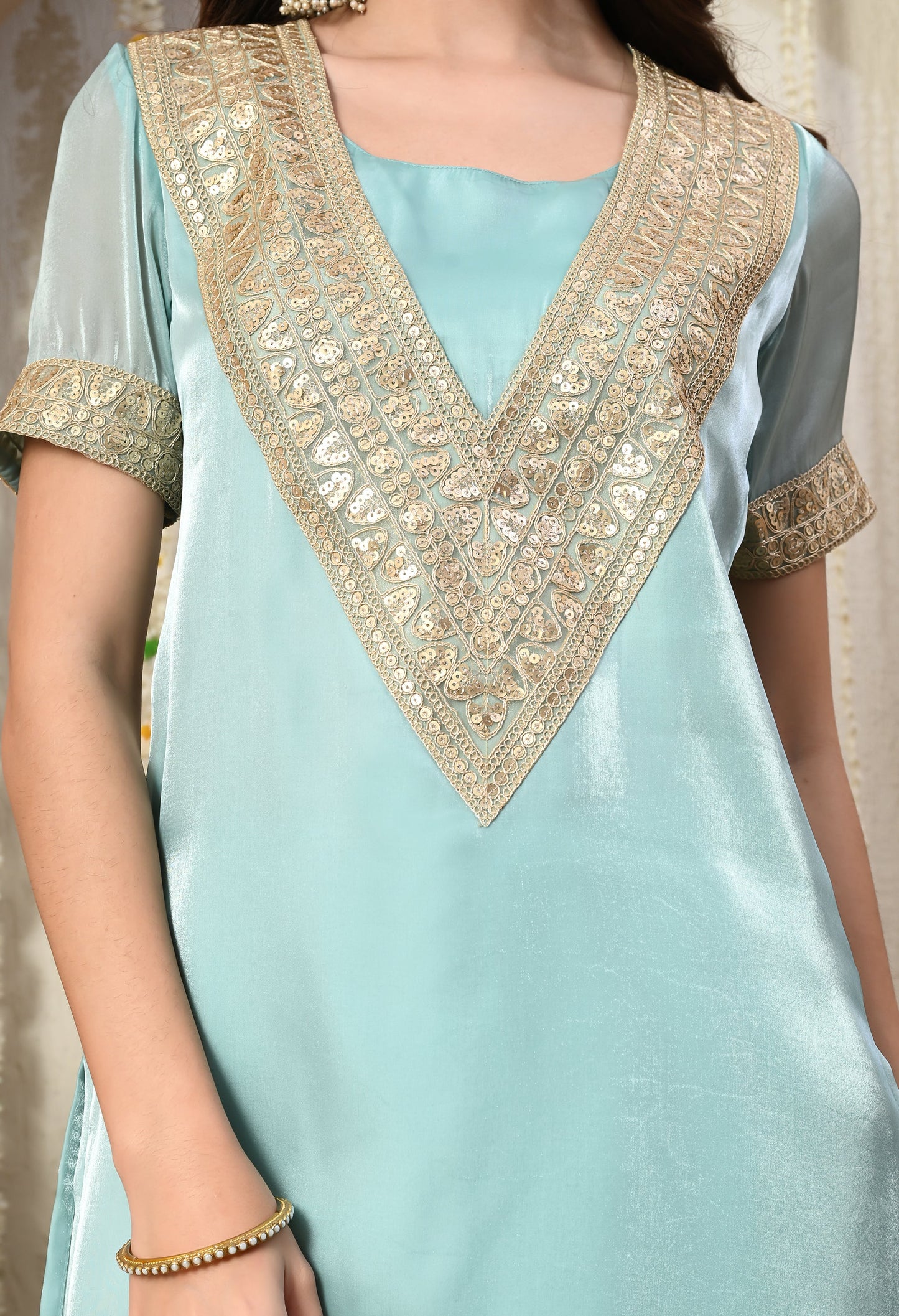 Myshka Blue Silk Blend Straight Round Neck Short Sleeves Kurta Trousers Set - Swadesiicart