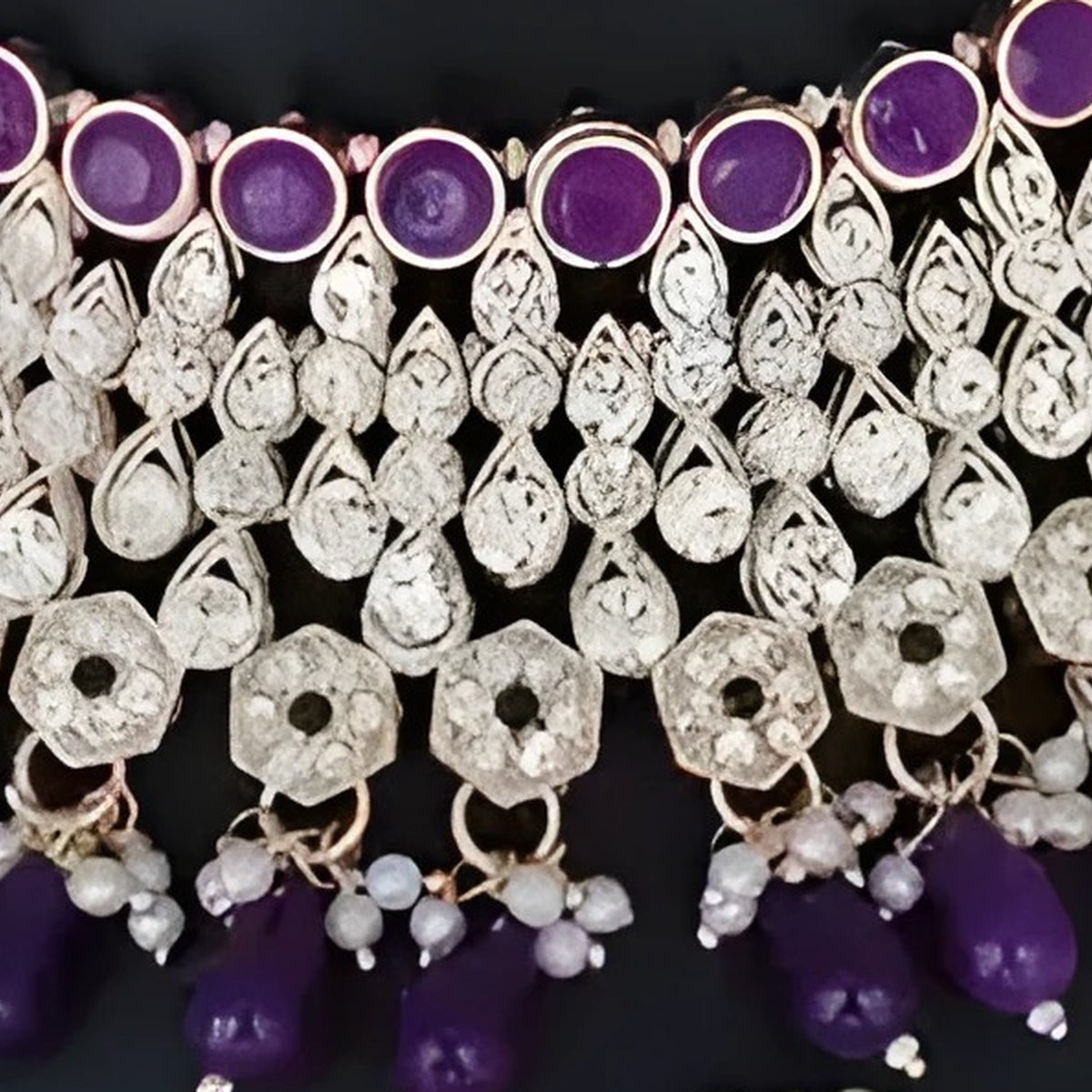 Jewel City Royal Purple Kundan & Pearl Bridal Jewelry Set-Luxury Choker Necklace Earrings & Maang Tikka-Ethnic Wedding & Party Wear | Swadesiicart