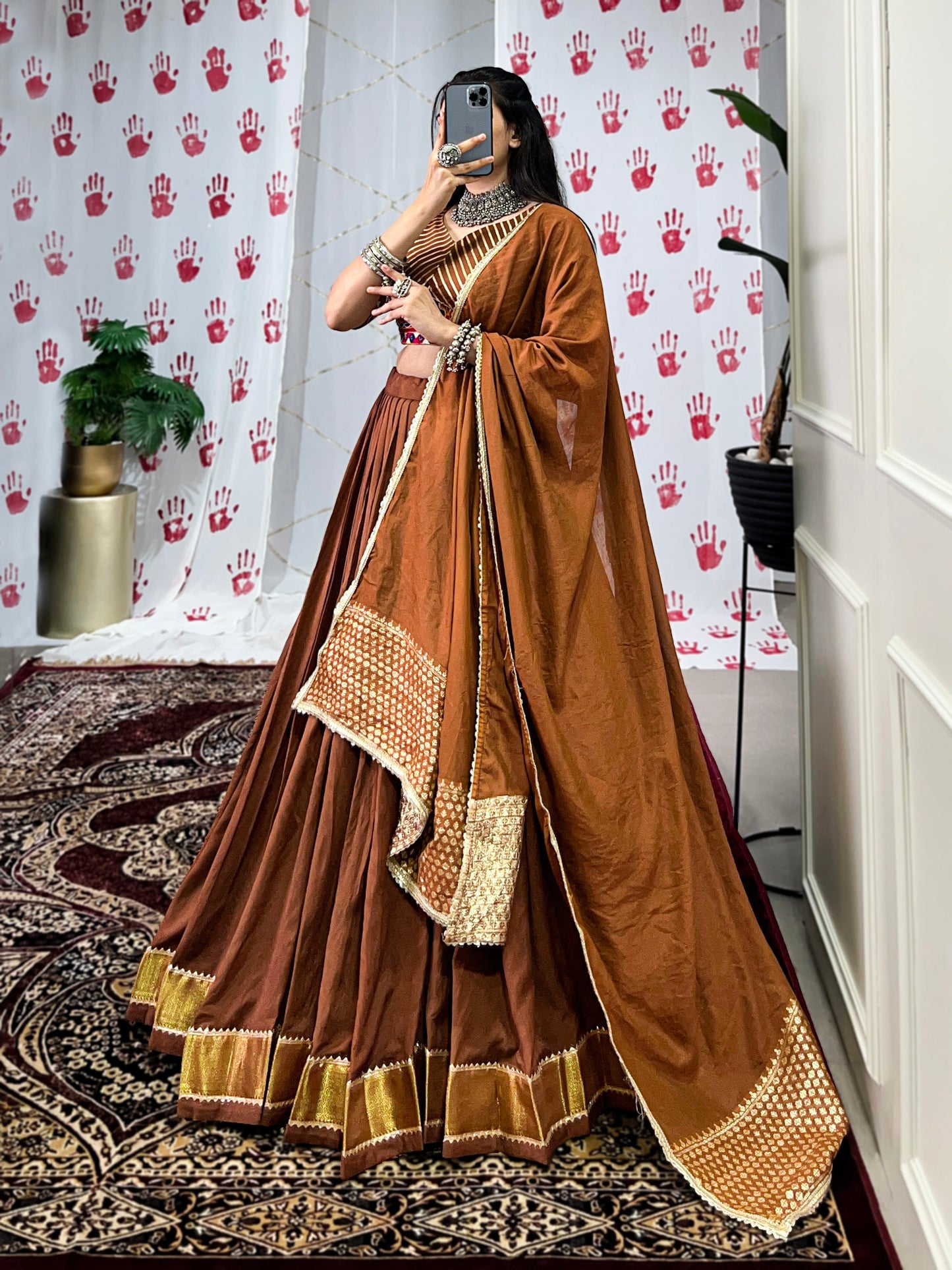 Lorenvalley Brown Pure Chanderi Zari Weaving Work With Gotta Patti Lace Touch Up Lehenga Choli with Dupatta | Swadesiicart