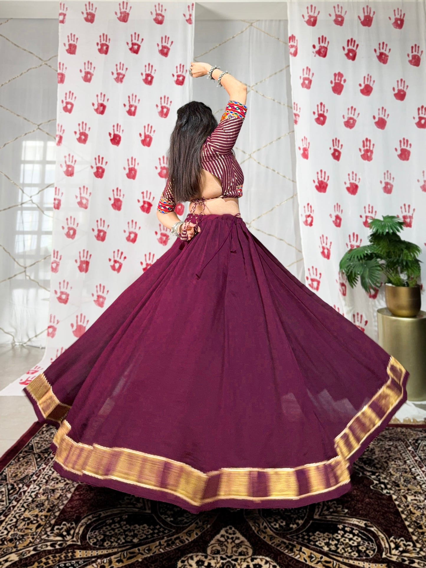 Lorenvalley Wine Pure Chanderi Zari Weaving Work With Gotta Patti Lace Touch Up Lehenga Choli with Dupatta | Swadesiicart