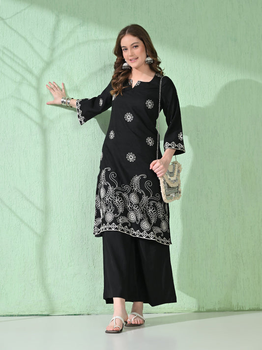 Myshka Women's Embroidered Calf Length Black Kurta With Palazzo - Swadesiicart