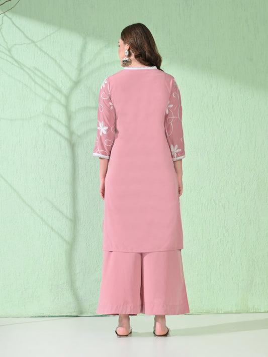 Myshka Women's Embroidered Calf Length Pink Kurta With Palazzo - Swadesiicart