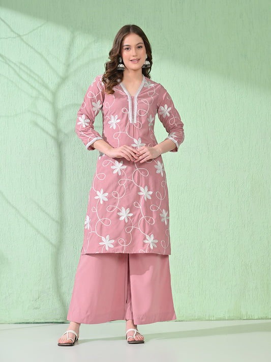 Myshka Women's Embroidered Calf Length Pink Kurta With Palazzo - Swadesiicart