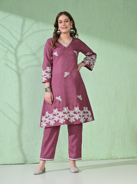 Myshka Women's Embroidered Calf Length Mauve Kurta With Palazzo - Swadesiicart