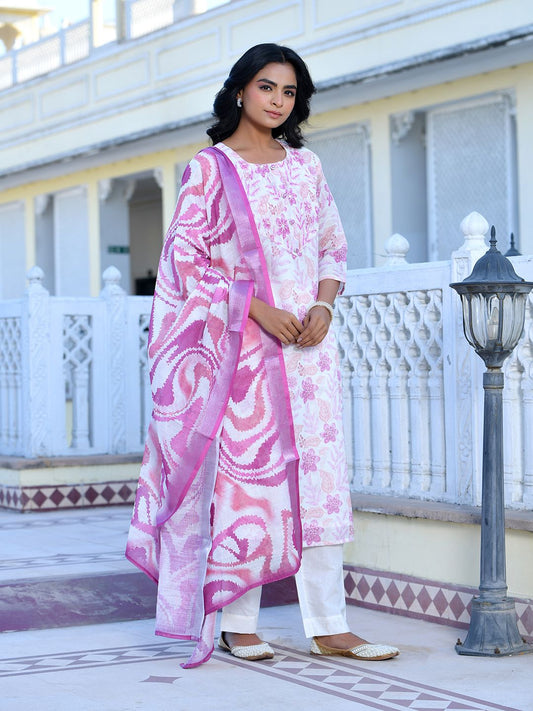 Vaasva Women's Cream Purple Linen Digital Printed Suit Set | Swadesiicart