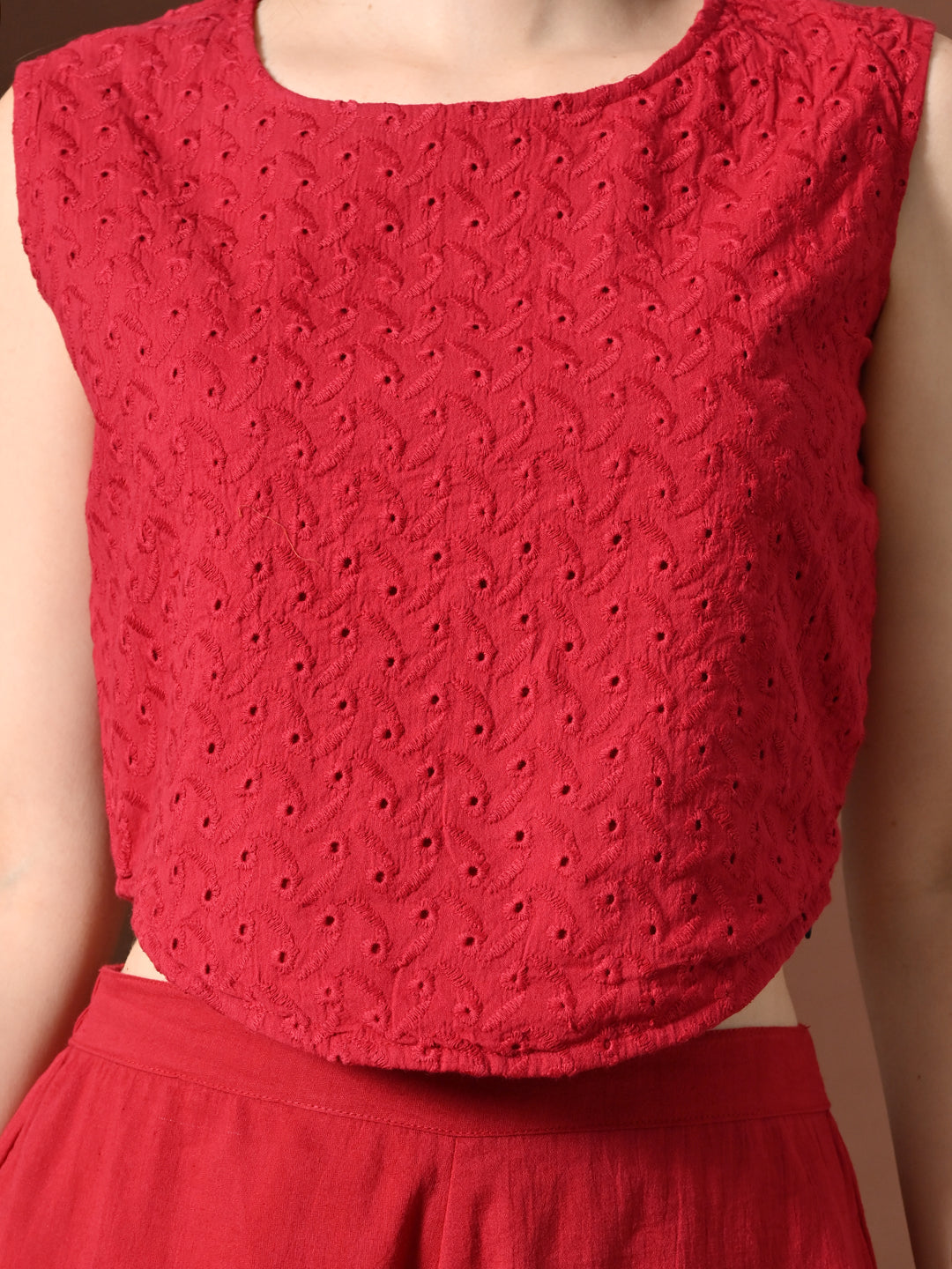 Myshka Women Red Pure Cotton Sleeveless Schiffli Top with Flared Trouser - Swadesiicart
