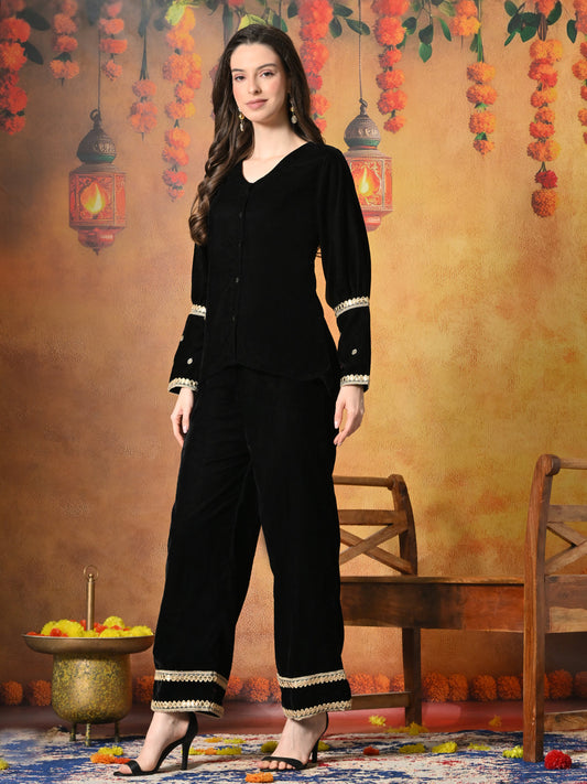 Myshka Women Black Velvet Shirt Embroidered Full Sleeves with Flared Trouser - Swadesiicart