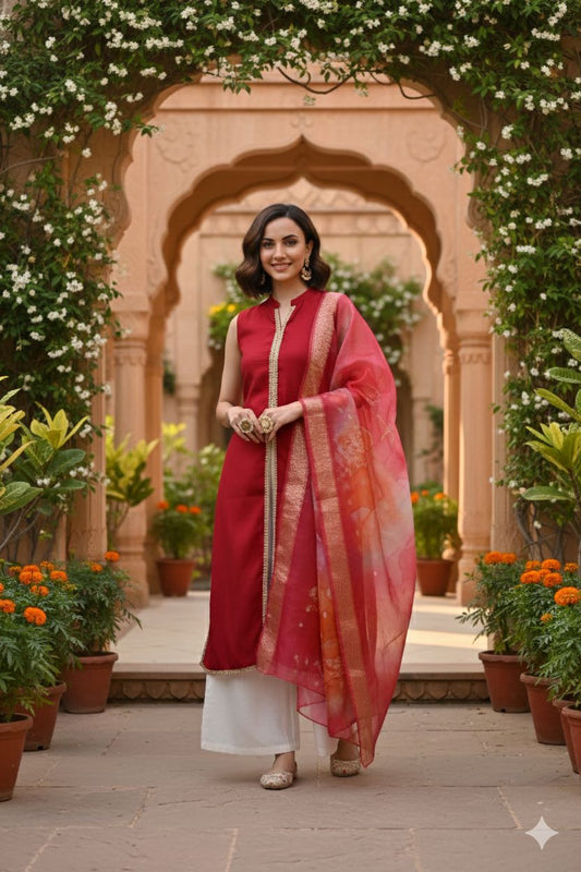 Myshka Women Red Sleeveless Kurta, White Palazzo with Printed Organza Dupatta - Swadesiicart