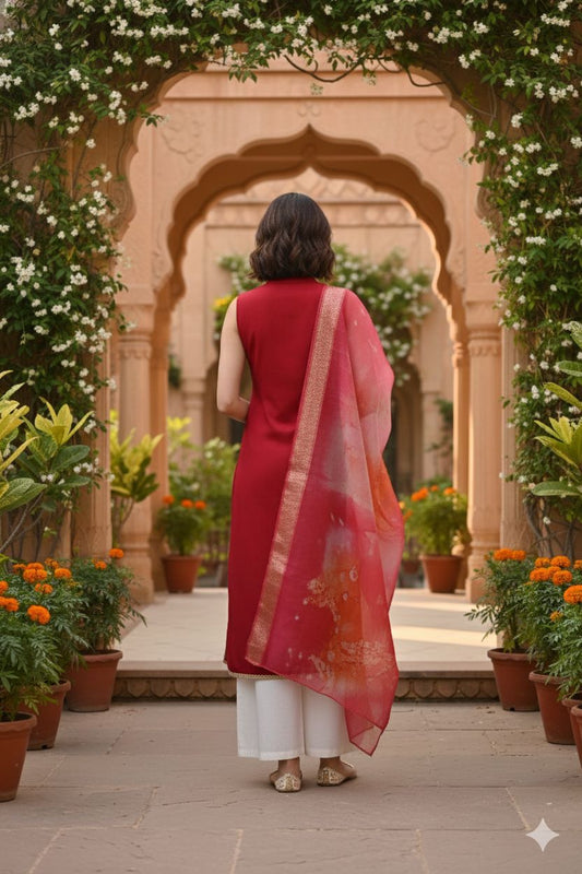 Myshka Women Red Sleeveless Kurta, White Palazzo with Printed Organza Dupatta