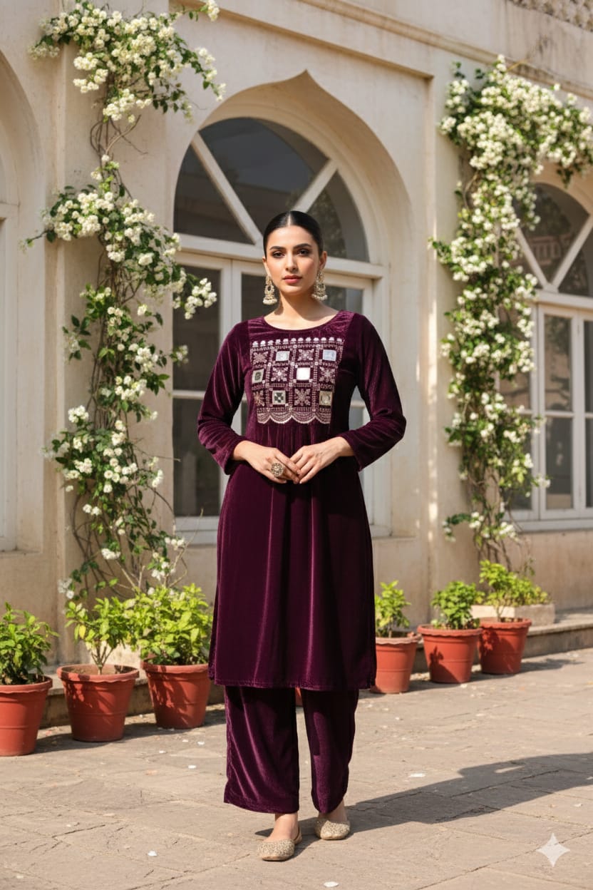 Myshka Women Wine Velvet Embroidered Full Sleeve Kurta Set with Organza Dupatta - Swadesiicart