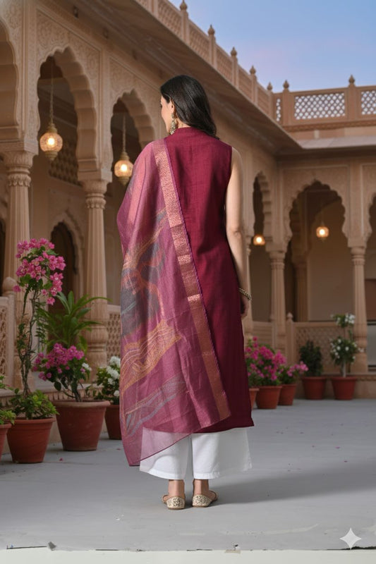 Myshka Women Wine Sleeveless Kurta, White Palazzo with Printed Organza Dupatta - Swadesiicart