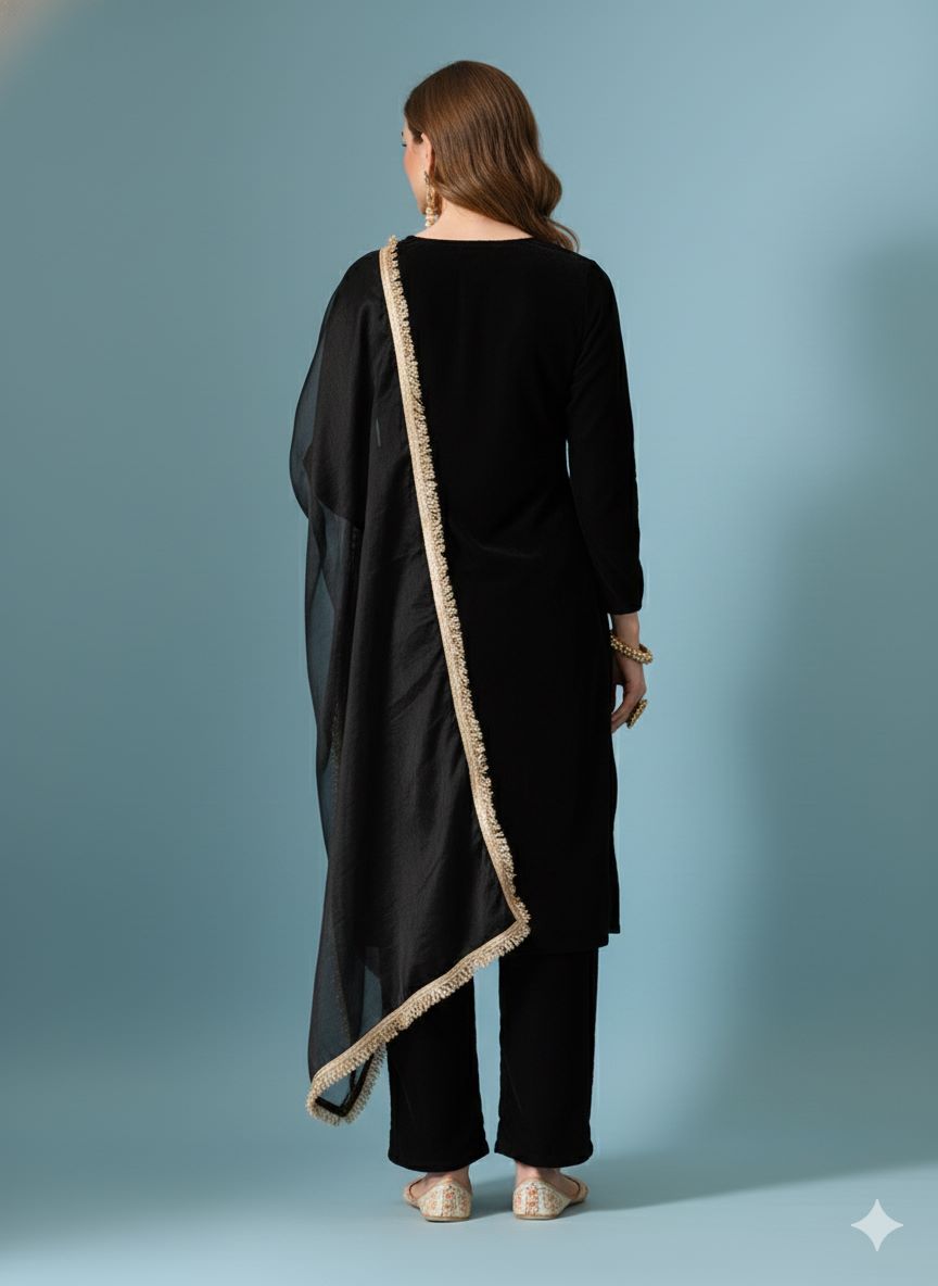Myshka Women Black Velvet Embroidered Full Sleeve Kurta Set with Organza Dupatta - Swadesiicart