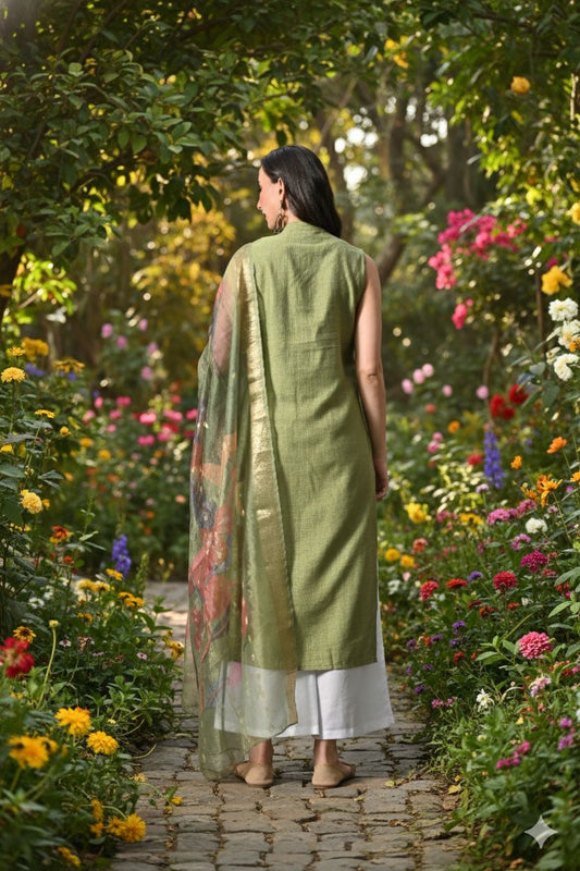 Myshka Women Green Sleeveless Kurta, White Palazzo with Printed Organza Dupatta
