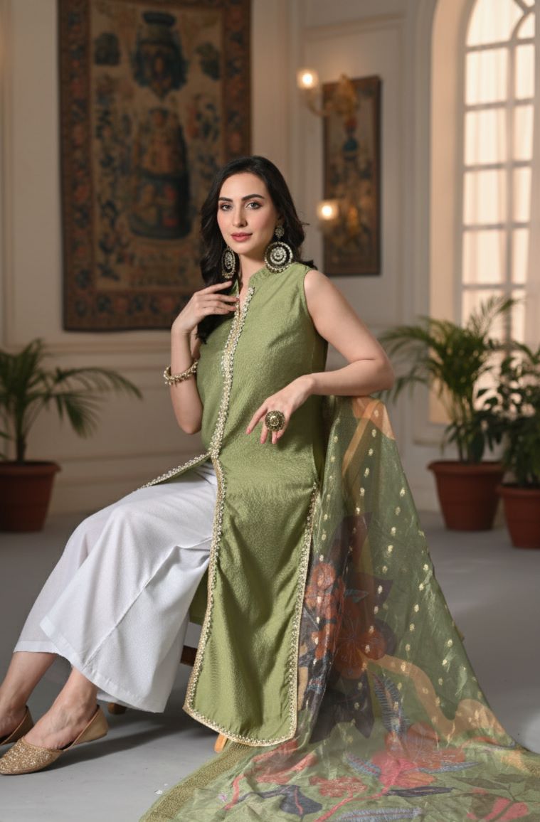 Myshka Women Green Sleeveless Kurta, White Palazzo with Printed Organza Dupatta