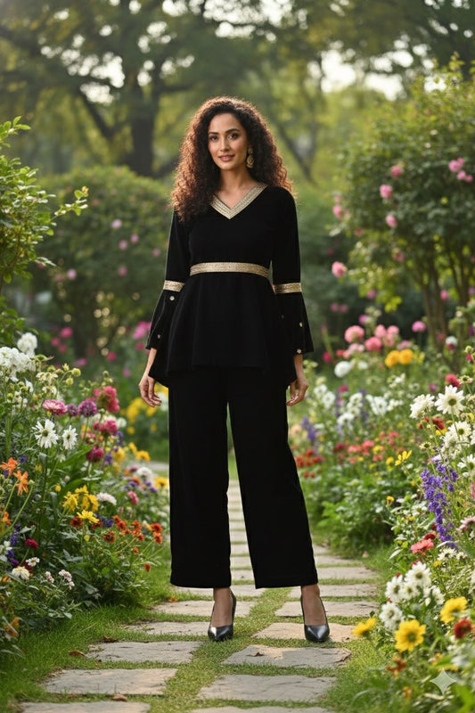 Myshka Women Black Velvet Peplum Top with Belt & Trouser Co-ord Set - Swadesiicart