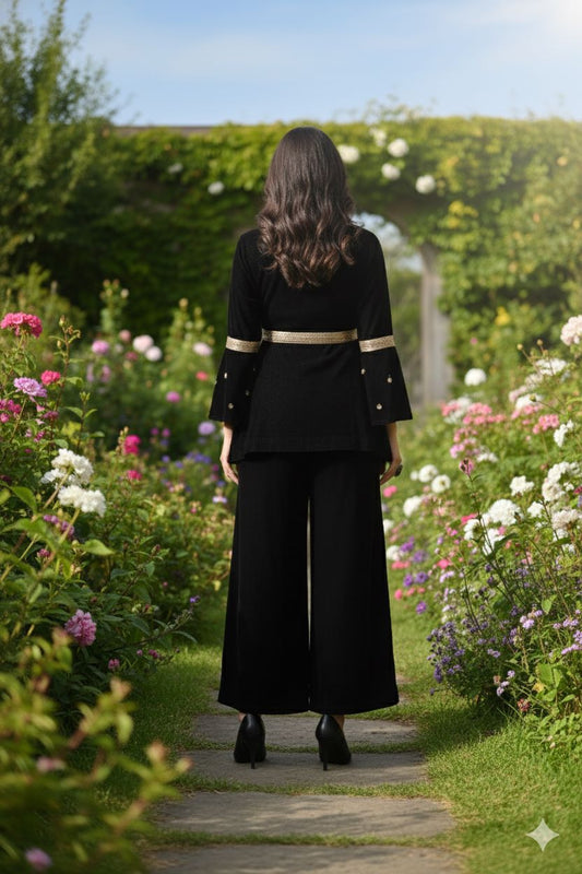 Myshka Women Black Velvet Peplum Top with Belt & Trouser Co-ord Set - Swadesiicart
