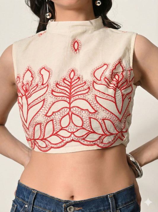 Myshka Women Off White Thread Embroidered Halter Neck Swadesiicart Blouse