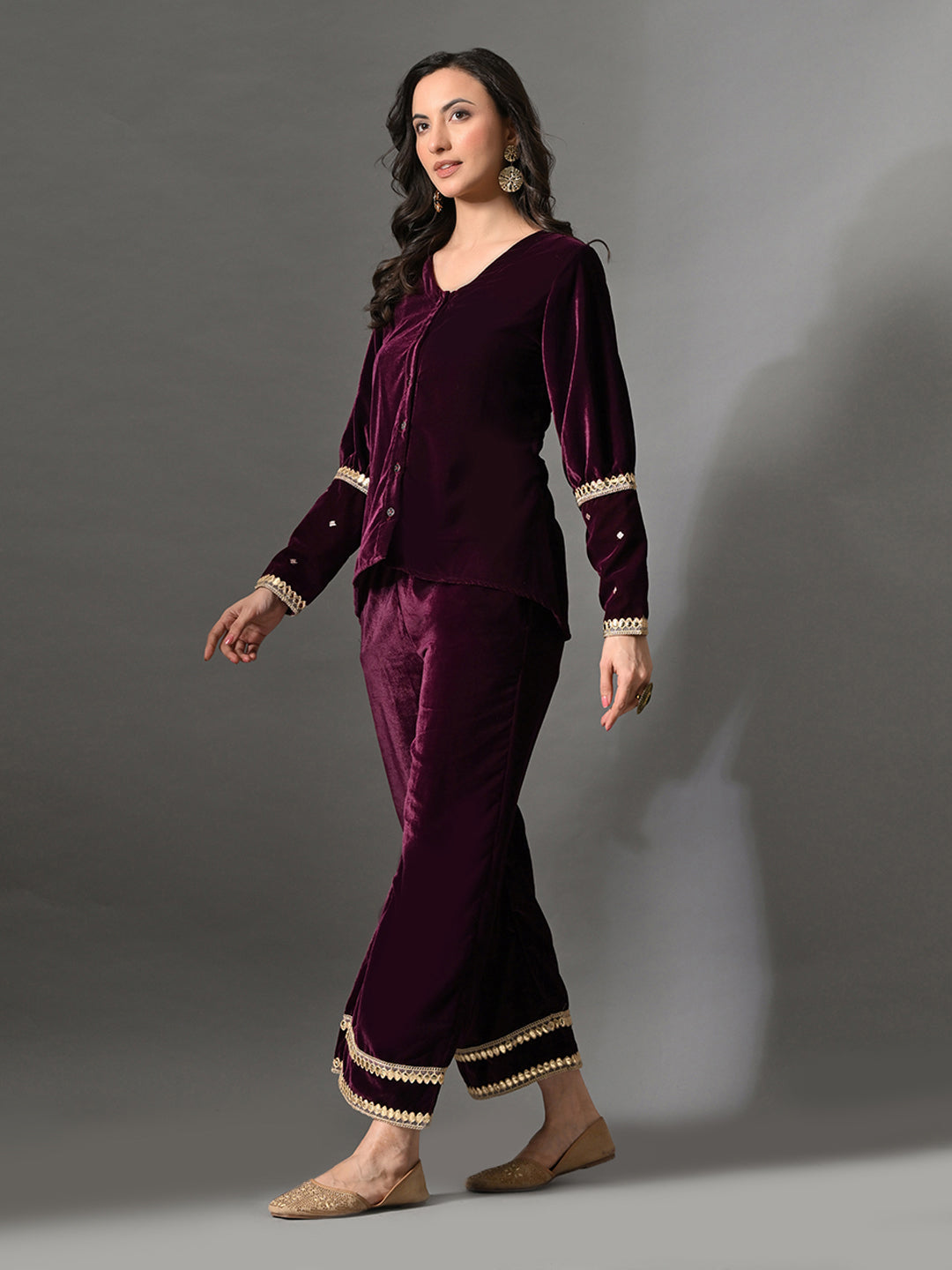 Myshka Women Wine Velvet Shirt Embroidered Full Sleeves with Flared Trouser Co-ord Set - Swadesiicart