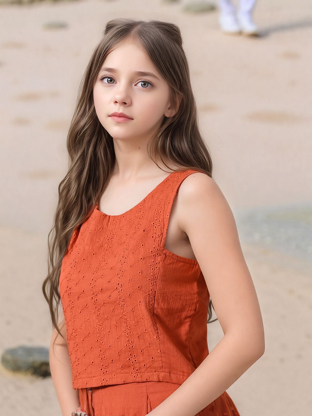 Myshka Girls Rust Pure Cotton Sleeveless Schiffli Top and Flared Skirt - Swadesiicart