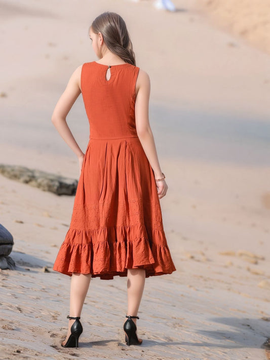 Myshka Girls Rust Pure Cotton Sleeveless Schiffli Top and Flared Skirt - Swadesiicart